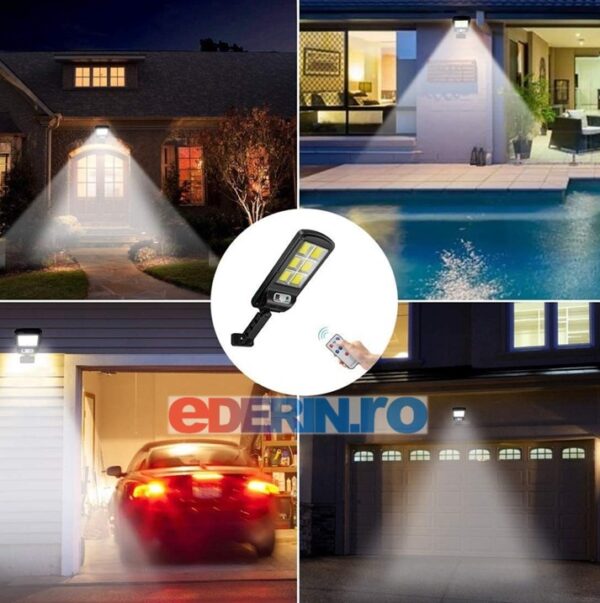 Lampa LED solara stradala, Luminozitate 4400 lm, Senzor de miscare si lumina crepuscular, Telecomanda, Negru